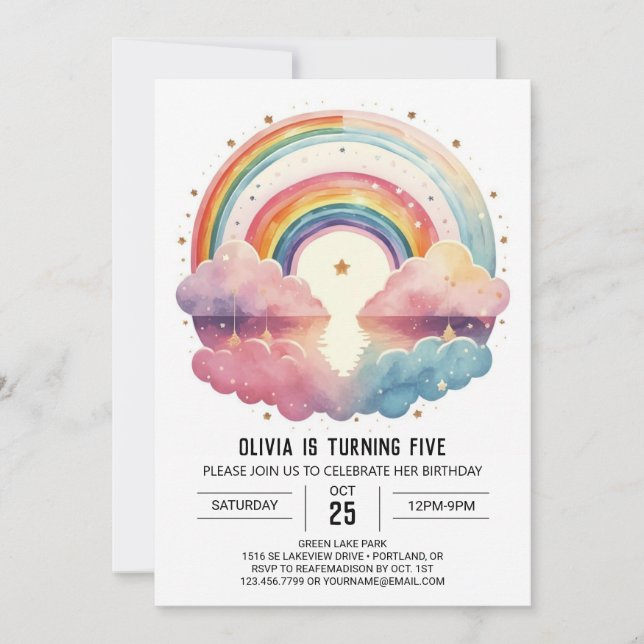 Rainbow Boho Clouds Girl Birthday Invitation (Front)