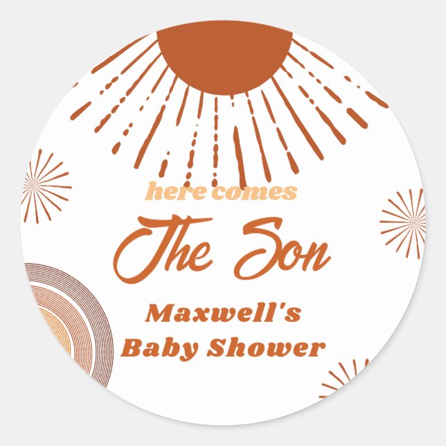 Rainbow Boho Here Comes The Son Baby Shower  Classic Round Sticker (Front)