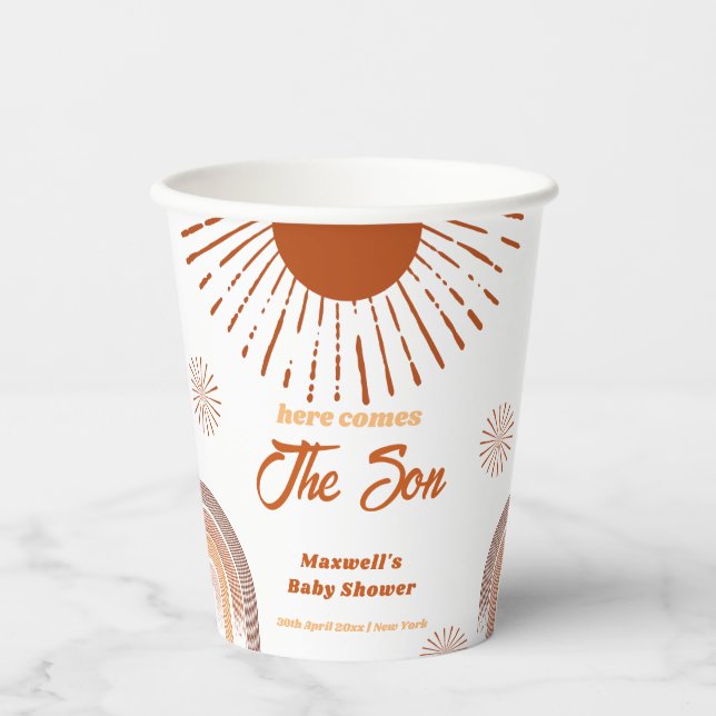 Rainbow Boho Here Comes The Son Baby Shower  Paper Cups (Front)