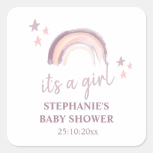 Rainbow  Boho It's a Girl Baby Shower  Square Stic Sticker