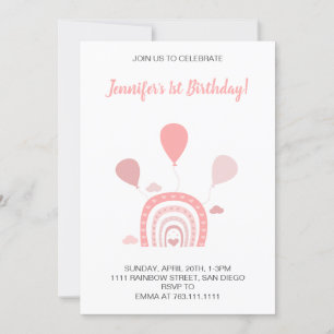 Rainbow Boho Pastel Pink First Birthday Photo Invitation