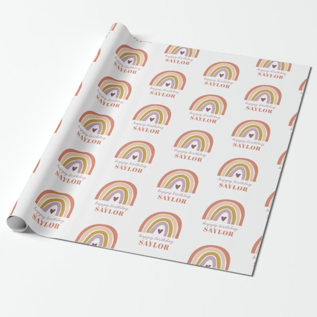 Rainbow Boho Peach Purple Birthday Wrapping Paper (Unrolled)
