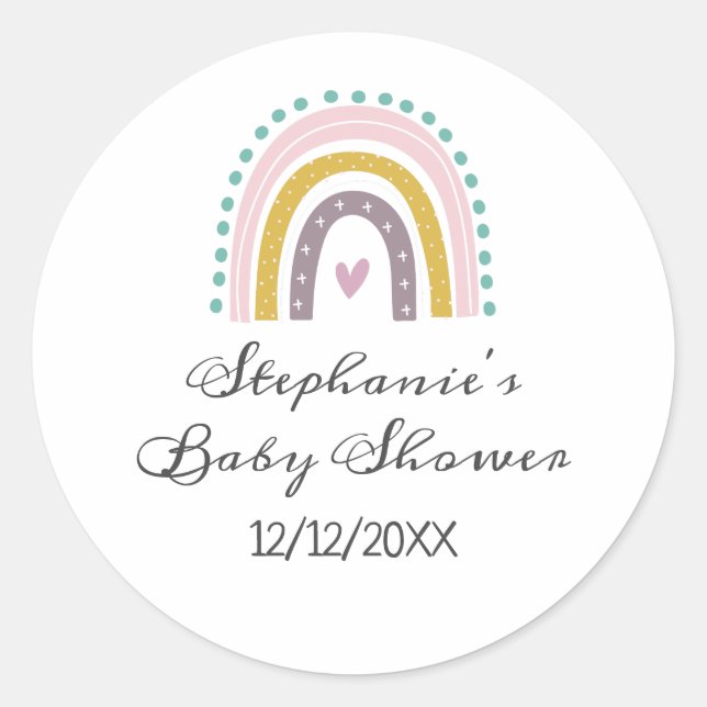 Rainbow, Boho, Pink, Teal, Hearts Baby Shower Classic Round Sticker (Front)