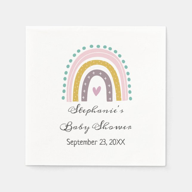 Rainbow, Boho, Pink, Teal, Hearts, Baby Shower Napkin (Front)