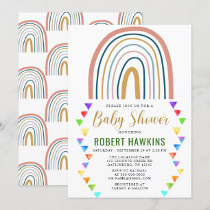 Rainbow Boho Watercolor Baby Shower Invitation