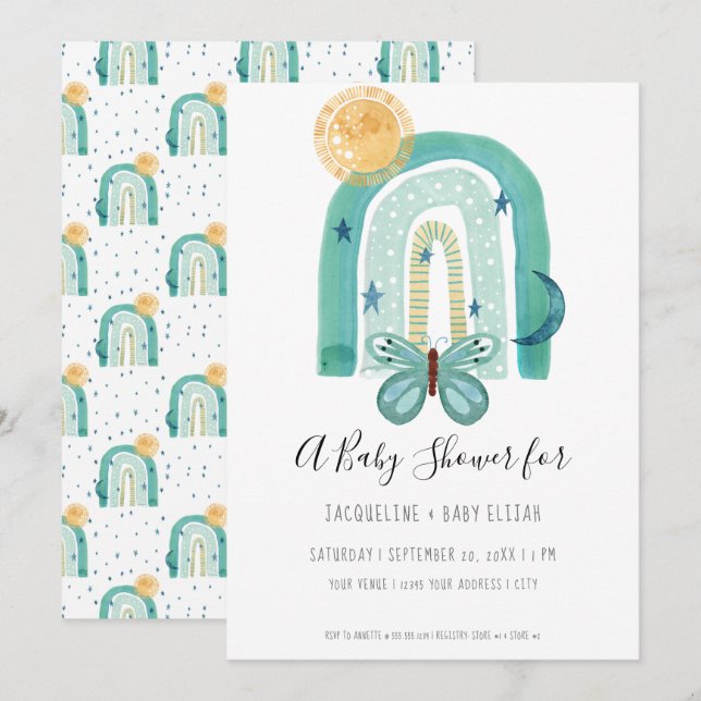 Rainbow Boho Watercolor Modern Teal Blue Sun Moon Invitation (Front/Back)