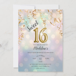 Rainbow Bokeh Gold Confetti and Sparkle Foil 16 Invitation