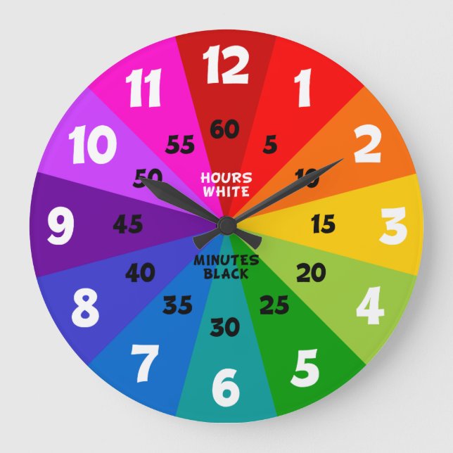 Rainbow Bold Colour Palette Learn to Tell Time Kid Large Clock (Front)