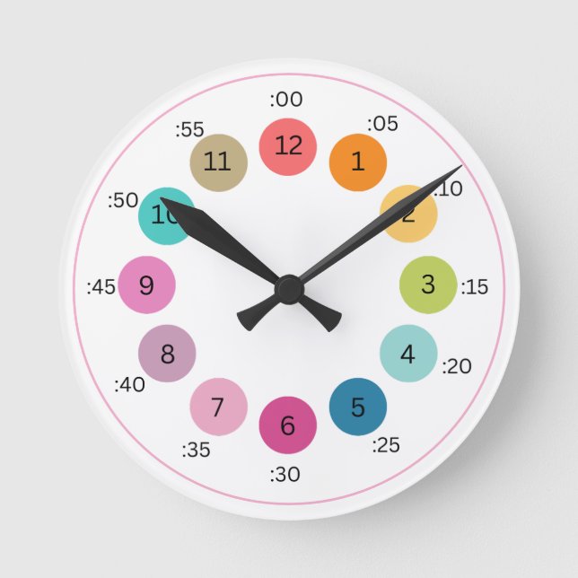 Rainbow Bold Colour Palette Learn to Tell Time Kid Round Clock (Front)