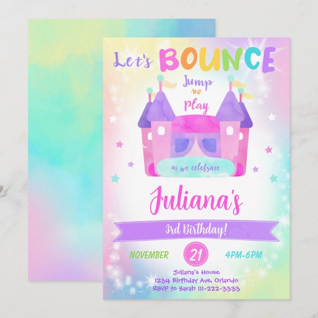Rainbow Bounce House Birthday Invitation (Front/Back)