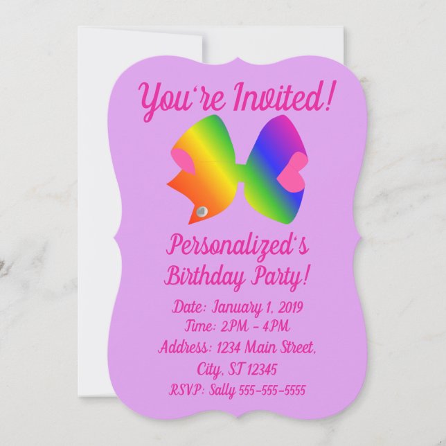Rainbow Bow - Pink and Purple Girly Bow Birthday Invitation (Front)
