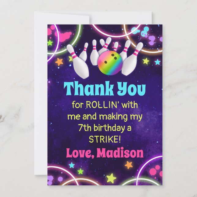 Rainbow Bowling Birthday Party Thank You Cards (Front)