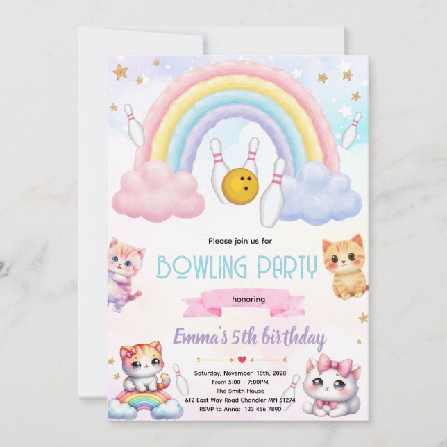 Rainbow bowling cat party invitation (Front)