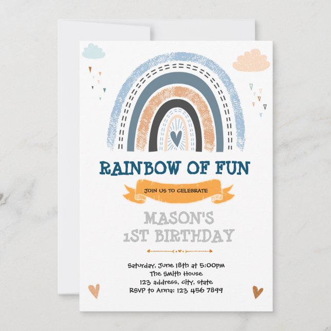 Rainbow boy theme birthday party invitation (Front)