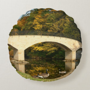Rainbow Bridge in Fall at Grove City College Round Cushion