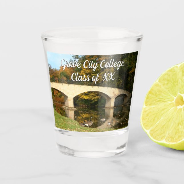 Rainbow Bridge in Fall at Grove City College Shot Glass (Front)
