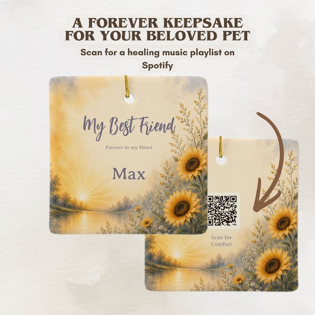 Rainbow Bridge Pet Memorial with Spotify Playlist Ceramic Ornament (Rainbow Bridge ornament with Spotify QR code linking to a comforting pet grief remembrance playlist.)