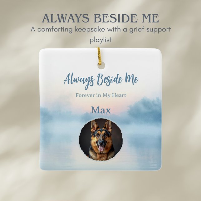 Rainbow Bridge Pet Ornament with Grief Music (Personalized pet memorial ornament with photo and QR code linking to a grief support playlist.)