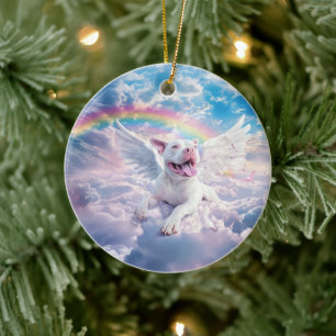 Rainbow Bridge, White Dog in Heaven Ceramic Tree Decoration