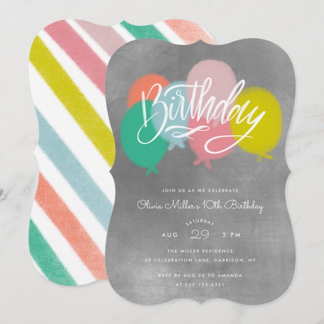 Rainbow Bright Balloons Birthday Party Grey Invitation (Front/Back)