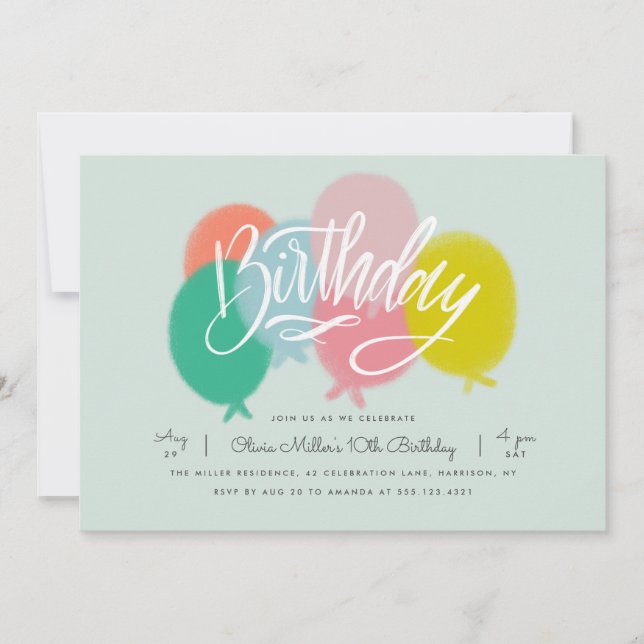 Rainbow Bright Balloons Birthday Party Mint Invitation (Front)