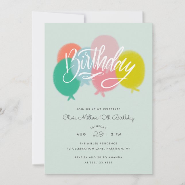 Rainbow Bright Balloons Birthday Party Mint Invitation (Front)