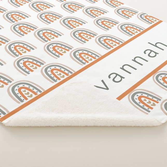 Rainbow brown beige grey white name boho nursery sherpa blanket (3/4)