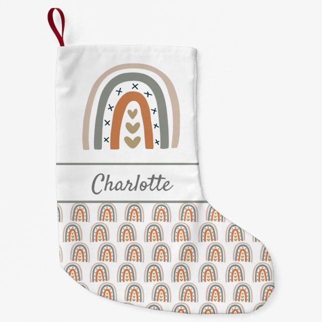 Rainbow brown beige grey white name small christmas stocking (Front)