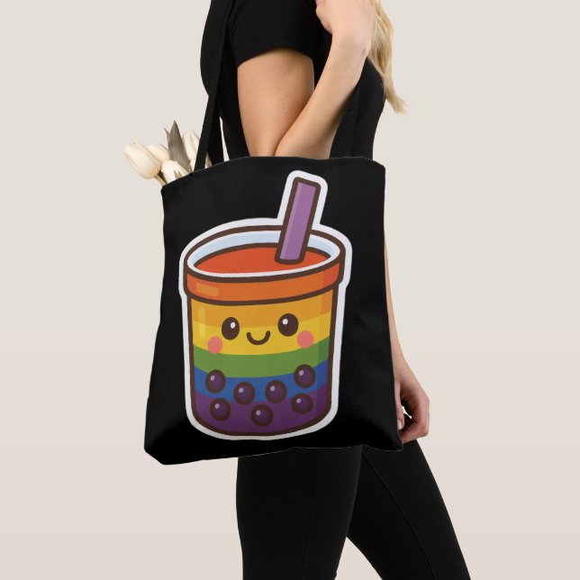Rainbow Bubble Tea LGBTQ+ Pride Tote Bag (Close Up)