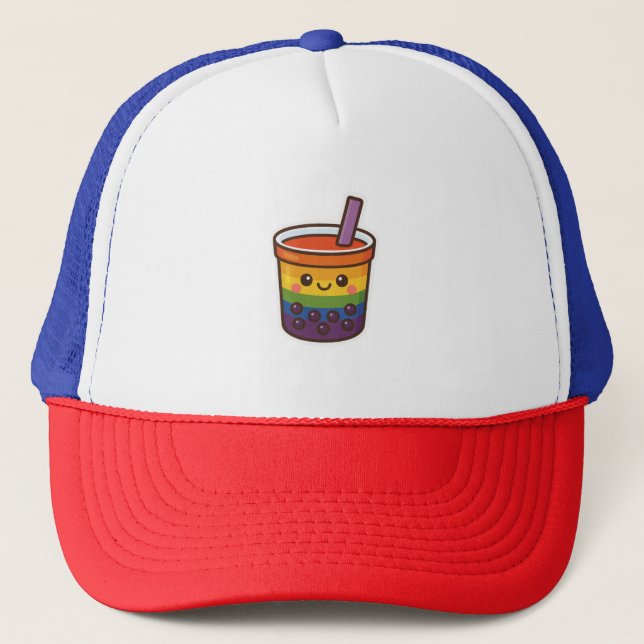 Rainbow Bubble Tea LGBTQ+ Pride Trucker Hat (Front)