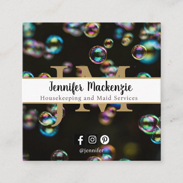 Rainbow Bubbles Housekeeping and Maid Services Square Business Card (Front)