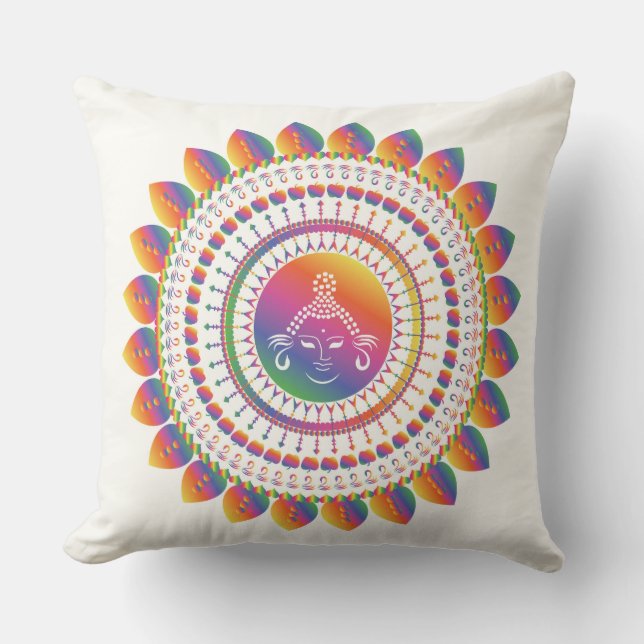 Rainbow Buddha Mandela Throw Pillow (Front)