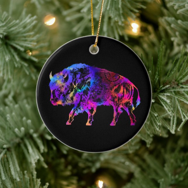 Rainbow Buffalo Bison Ceramic Tree Decoration (Tree)