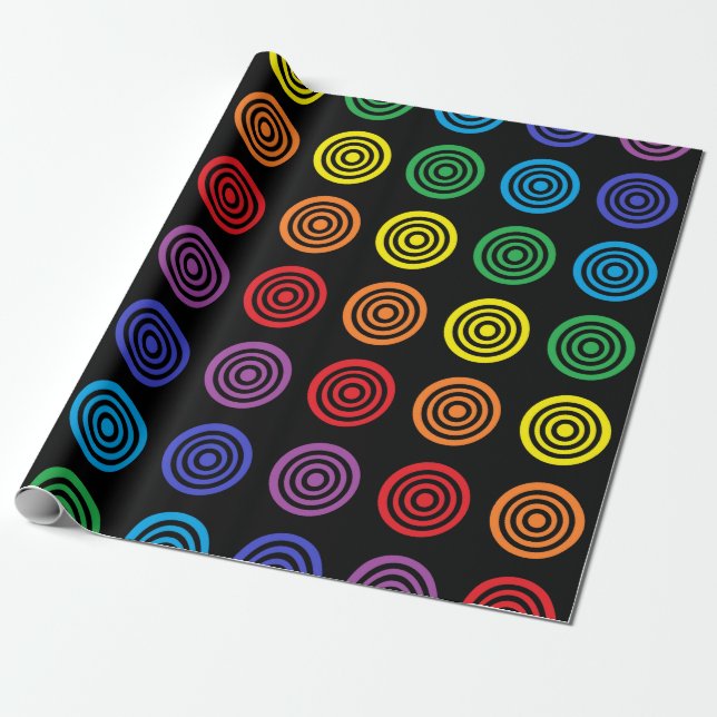 Rainbow Bullseye Black Wrapping Paper (Unrolled)