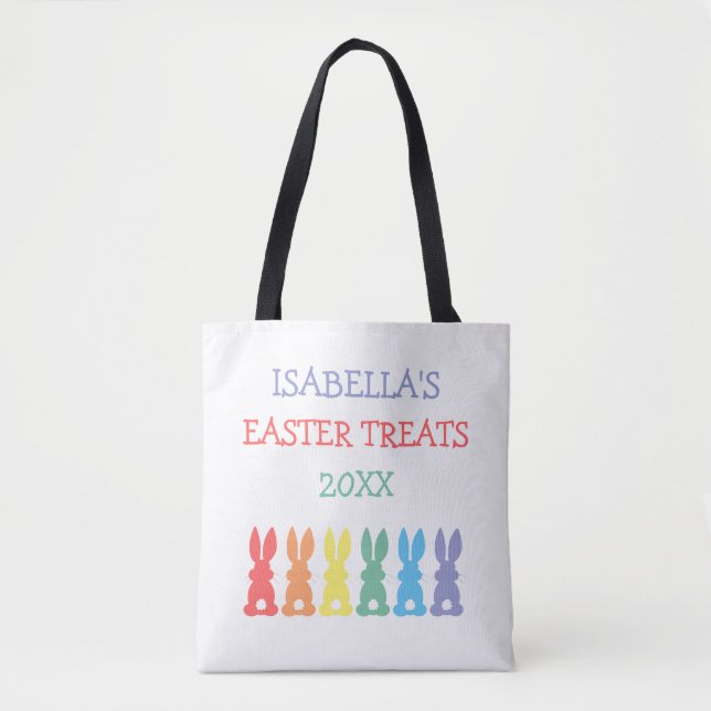Rainbow Bunnies Personalised Easter Treats Kids Tote Bag (Front)