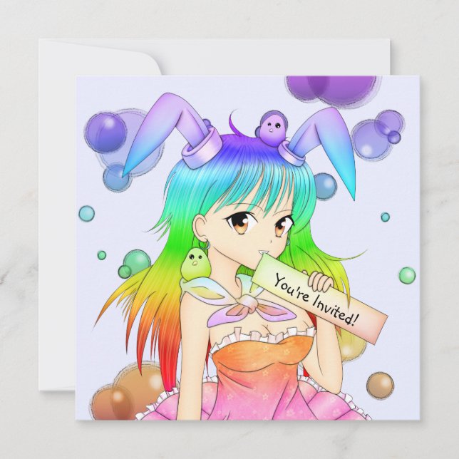 Rainbow Bunny Anime Girl Invitation (Front)