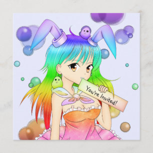 Rainbow Bunny Anime Girl Invitation