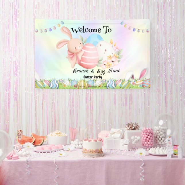 Rainbow bunny hunting egg Happy Easter day Party Banner (Party)