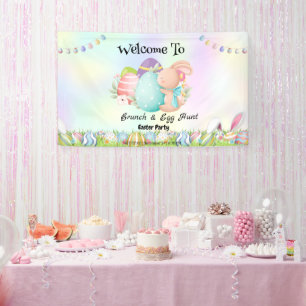 Rainbow bunny hunting egg Happy Easter day Party Banner