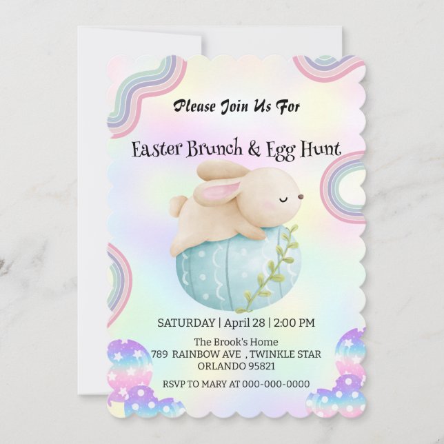 Rainbow bunny hunting egg Happy Easter day Party Invitation (Front)