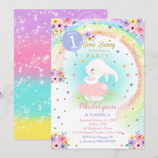 Rainbow Bunny Invitation Bunny Birthday (Front/Back)