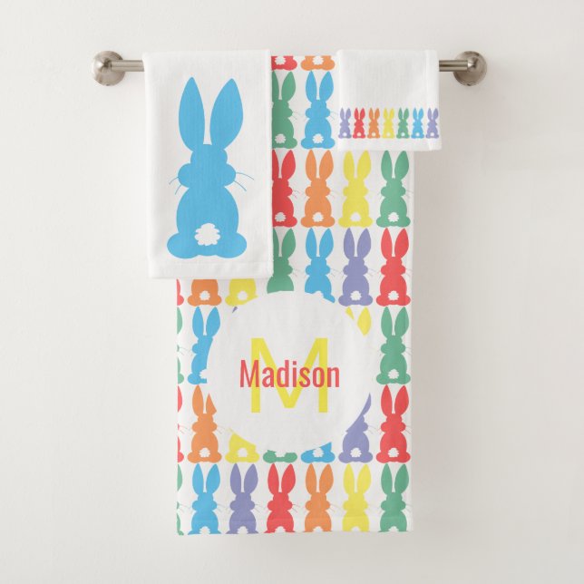 Rainbow Bunny Pattern Kids Monogram Bath Towel Set (Insitu)