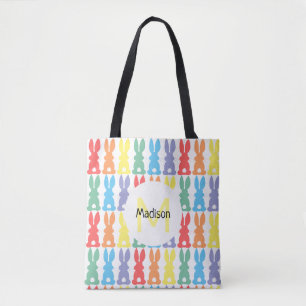 Rainbow Bunny Pattern Personalised Kids Easter Tote Bag