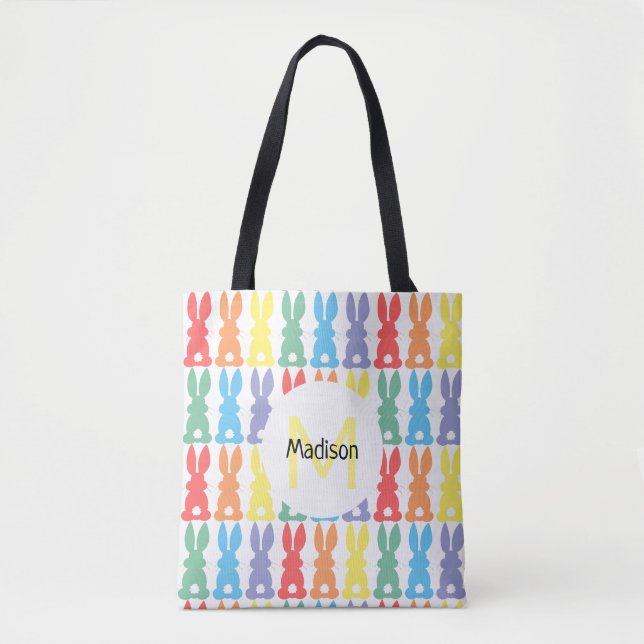 Rainbow Bunny Pattern Personalised Kids Easter Tote Bag (Front)