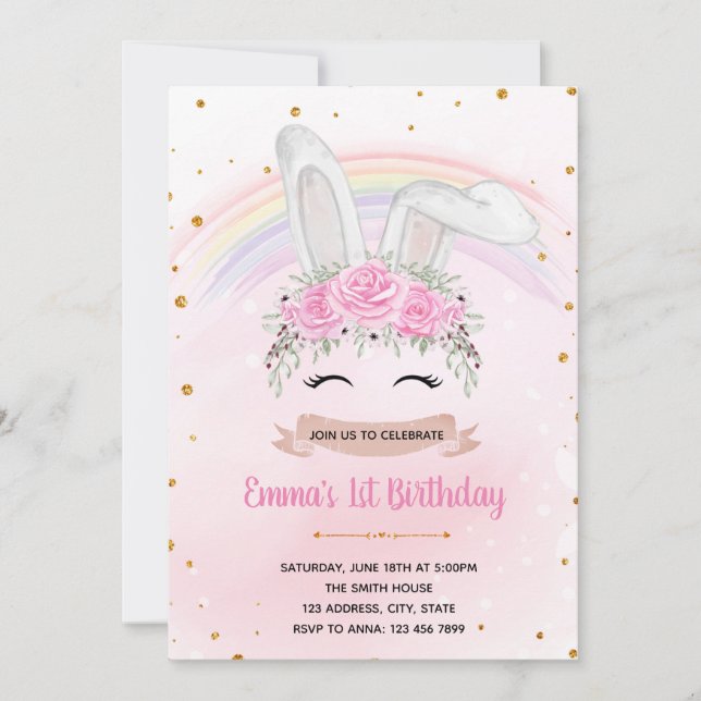 Rainbow bunny princess birthday invitation (Front)
