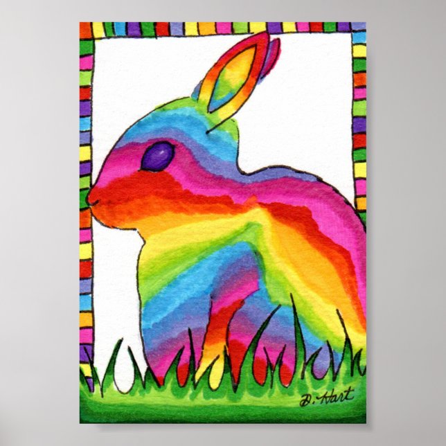 Rainbow Bunny Rabbit Mini Folk Art Poster (Front)
