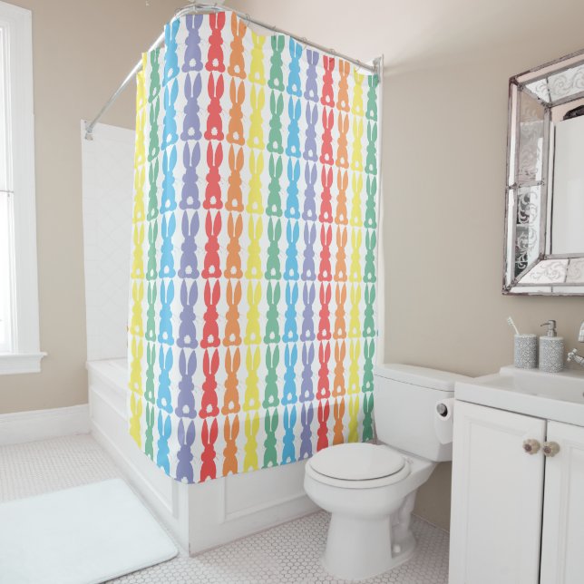 Rainbow Bunny Rabbits Silhouette Cute Kids Shower Curtain (In Situ)