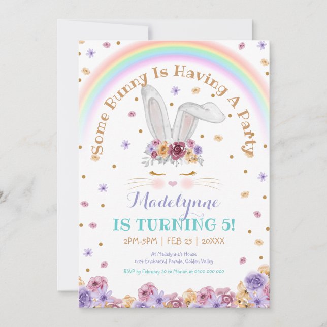 Rainbow Bunny Watercolor Floral Bunny Birthday Invitation (Front)