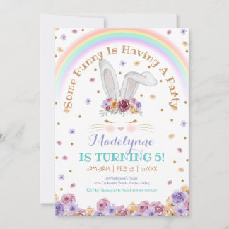Rainbow Bunny Watercolor Floral Bunny Birthday Invitation