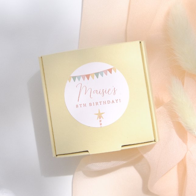 Rainbow Bunting & Star Candle Birthday Party Classic Round Sticker (Creator Uploaded)